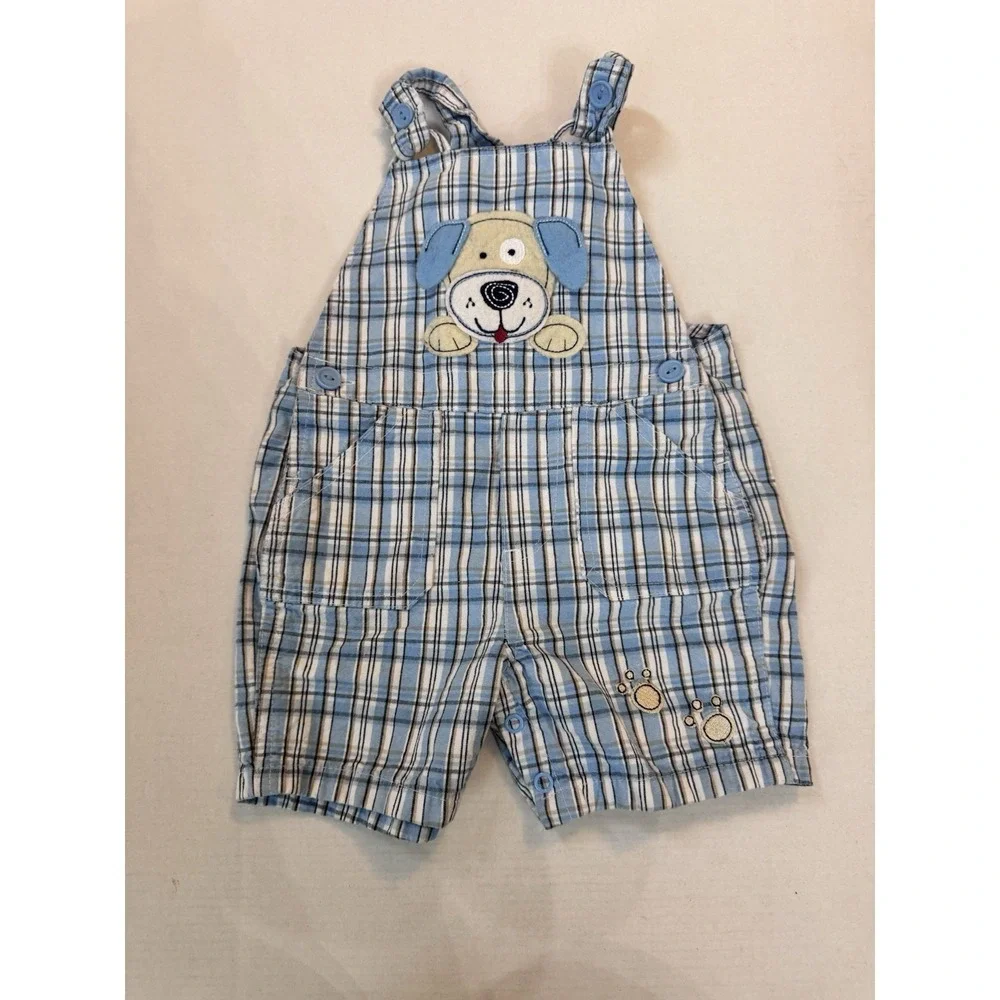 Vintage B.T. Kids Boys Plaid Blue Overalls Puppy Size 18‎ Months